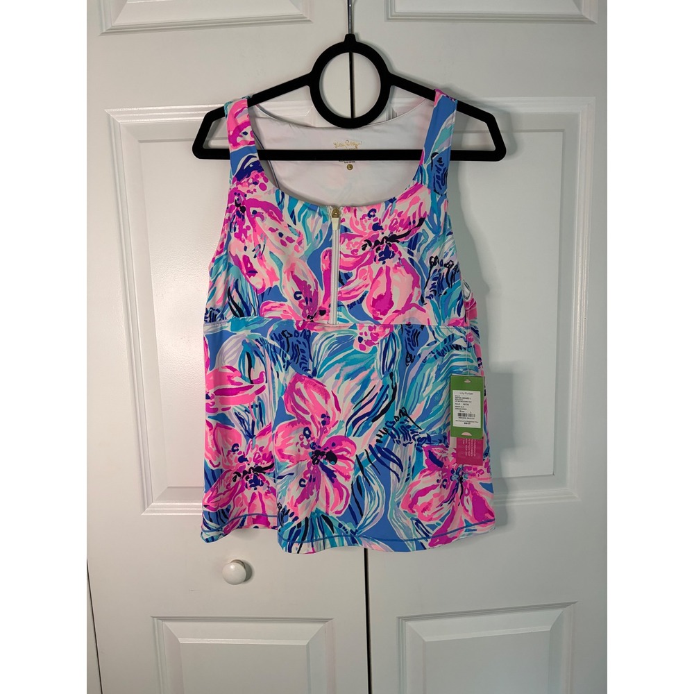 Lilly Pulitzer Kalila Bra Tank Hype and Stripes UPF 50+ Luxletic Blue Pink L NWT